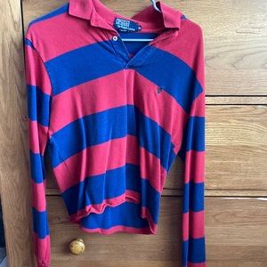 Cropped Long Sleeve Blue and Red striped Polo